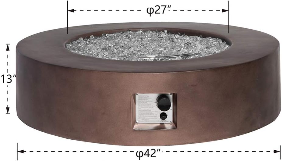 AQUILLA Outdoor Propane Fire Pit Coffe Table w Brown 42 inch Round Base Patio Heater, 50000 BTU Stainless Steel Burner w Glass Rocks, Waterproof Cover