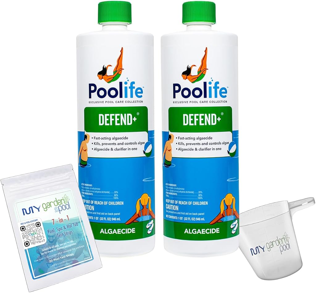 Poolife Defend+ 32 fl oz – 3-in-1 Pool Algae Protection – Clarifier + Preventative Shield – Includes Easy Measuring Cup, 7-in-1 Test Strips and Pool IQ - AI 2 Pack