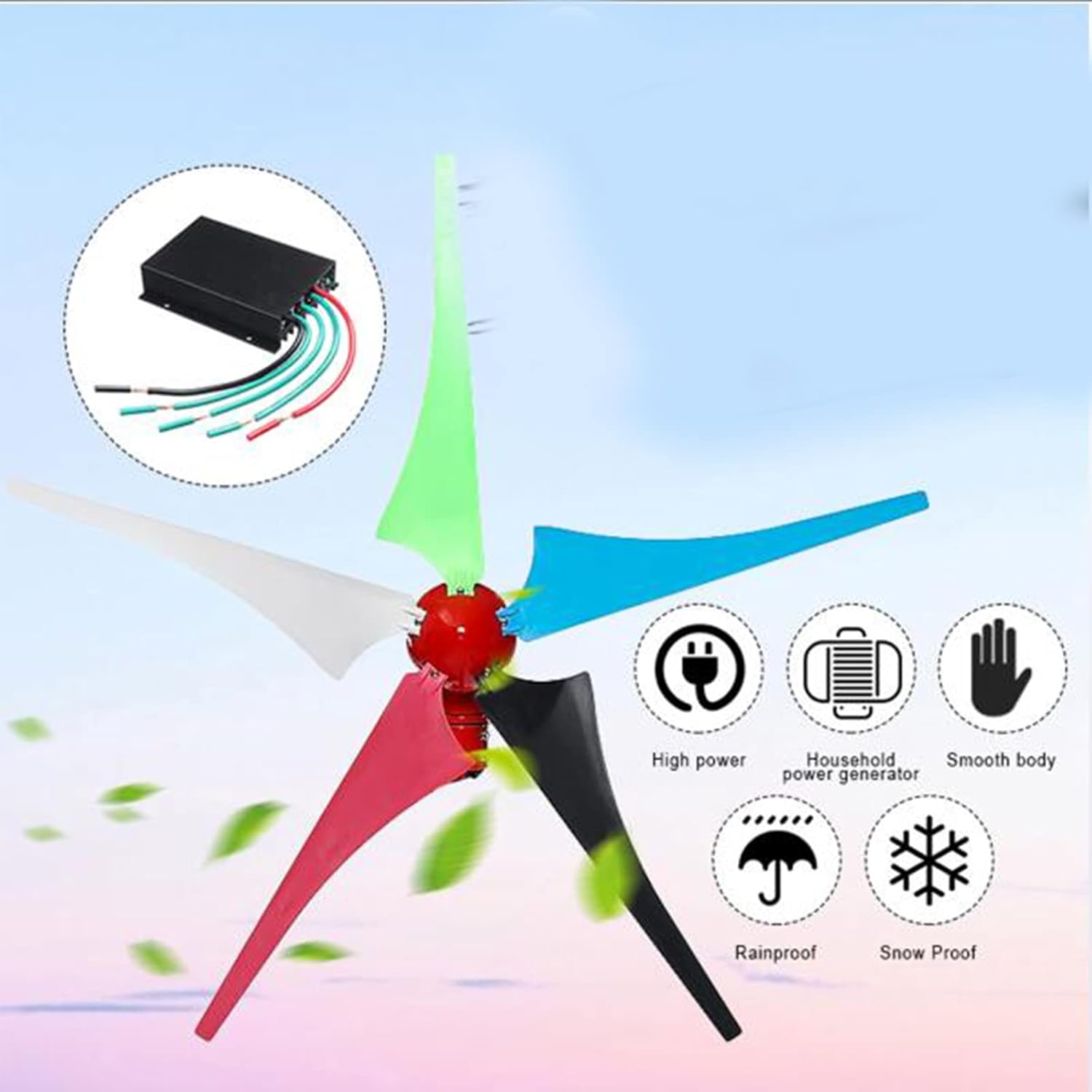 12V/24V/48V Small Vertical 5 Blades Wind Turbine Kit, 1000W-3000W Vertical Turbine Generator with Controller for Terrace/Chalet