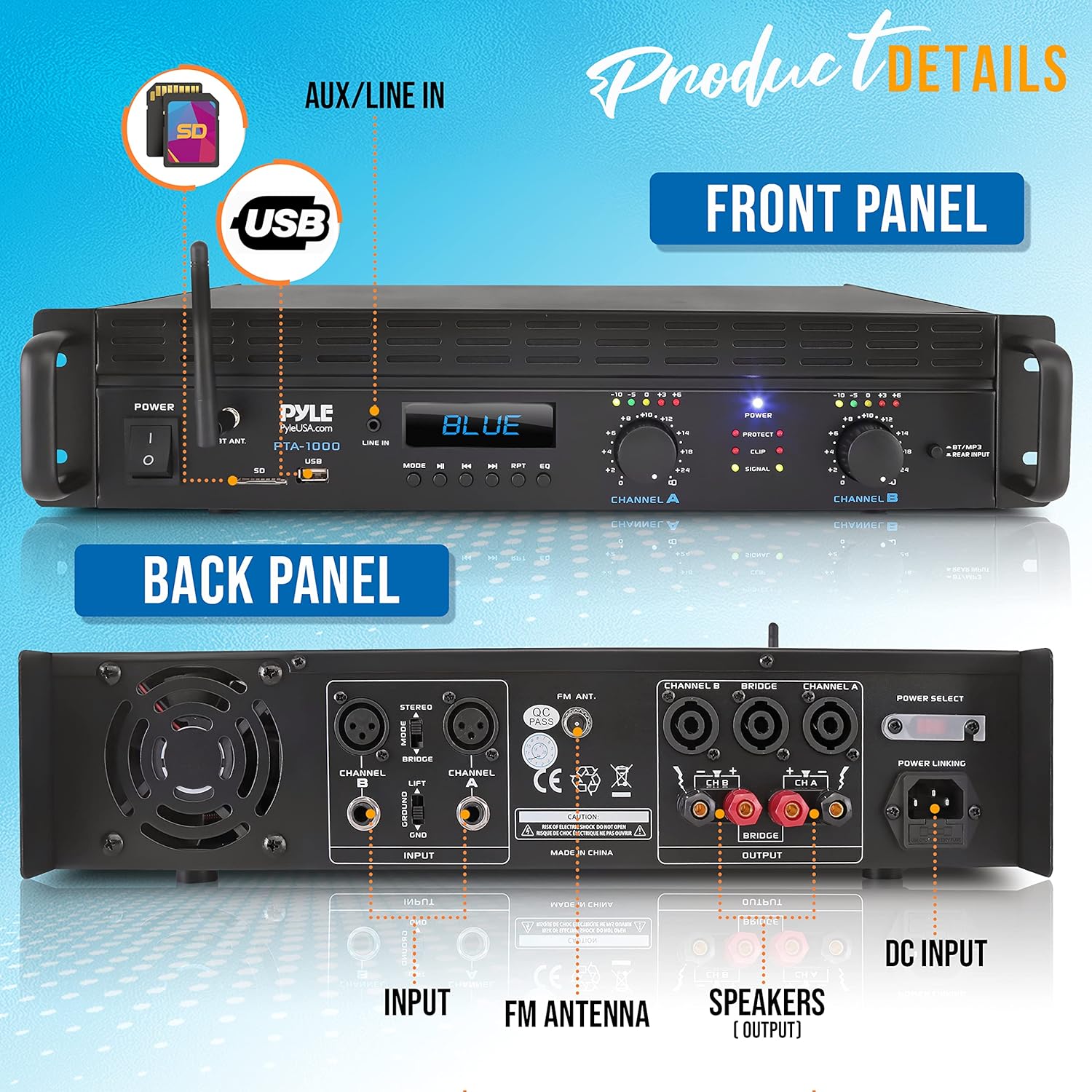 Pyle 2-Channel Bluetooth Power Amplifier- 2000W Bridgeable Rack Mount Pro Audio Sound Wireless Home Stereo Receiver w/TRS XLR Input,LCD,Bridge Mode,Cooling Fan,Entertainment Speaker System- PTA1000BT