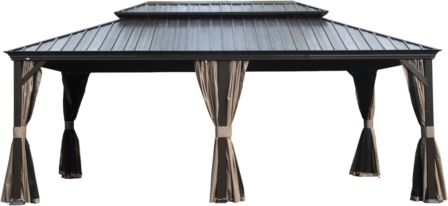 12' X 18' Hardtop Gazebo with Drainage System, Metal Frame, Privacy Canopy, Outdoor Shelter for Backyard
