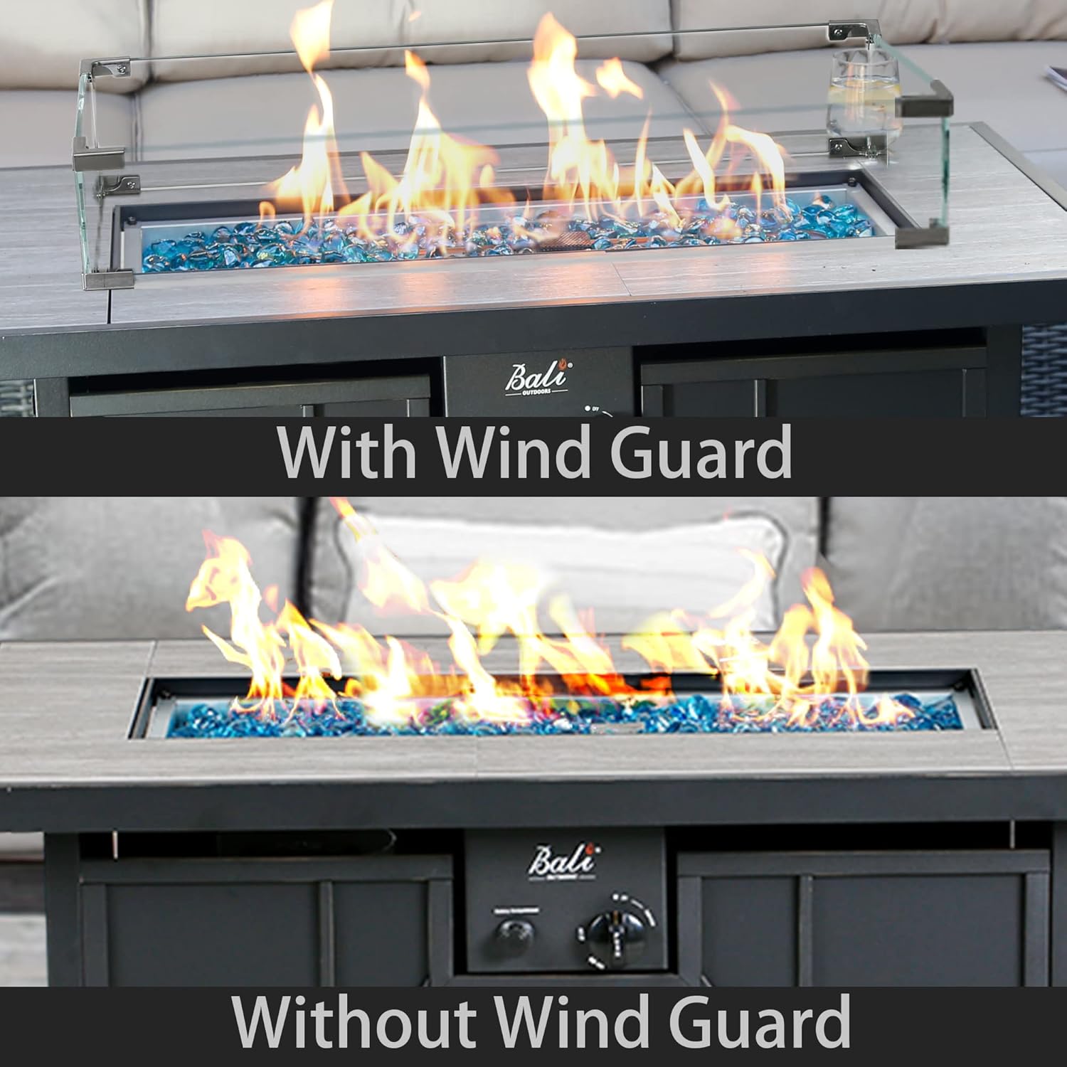 Bali Outdoors Propane Fire Pit Table, 42 inch 60,000 BTU Gas FirePit Table with Glass Wind Guard, Rectangular Fire Pit with Tile Tabletop