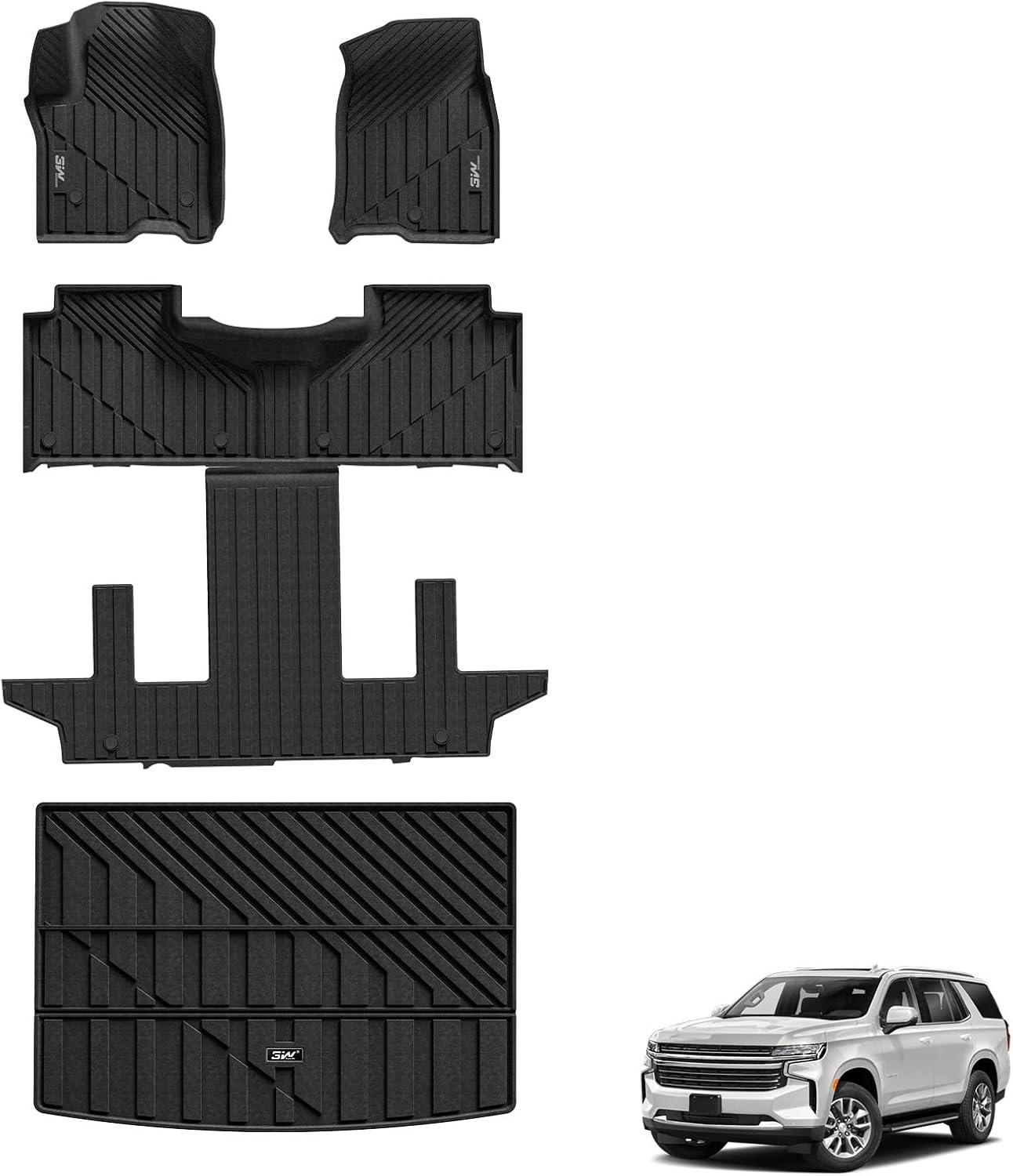3W Floor Mats & Cargo Liner Fit for 2021-2024 2025 Chevy Suburban/GMC Yukon XL/Escalade ESV 7 Seat, TPE All Weather Custom Fit Car Accessories Full Set Car Liners for Bucket Seat