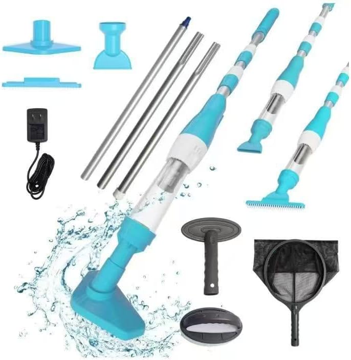 Electric Pool Vacuum Cleaner, Blue and White, Wireless Rechargeable, 1600mAh Battery, 5.5ft Pole, IPX8 Waterproof, 25L/min Suction for Swimming Pool