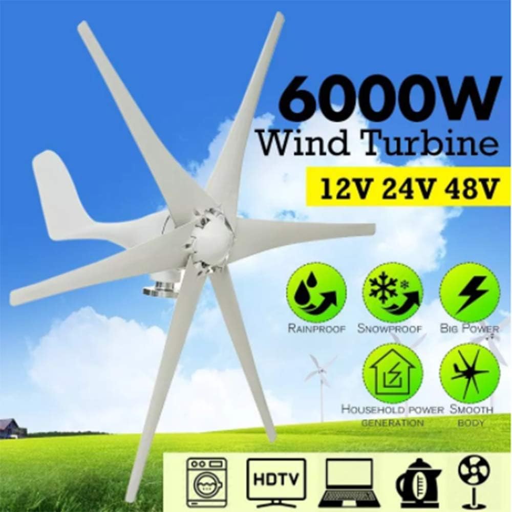 6000W 12V/24V/48V 6 Blade Wind Turbines Generator Horizontal Home Outdoor Powers Windmill Energy Turbines Charge Wind Generator,White,48v