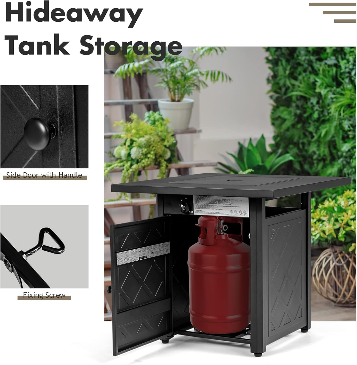 28-Inch Fire Table Outdoor, 50,000 BTU Gas Fire Pit Table with Metal Tabletop, Lid, Lava Rock, Electric Igniter & Hideaway Tank Holder, Propane Fire Table for Outside, Garden, Party(Black)