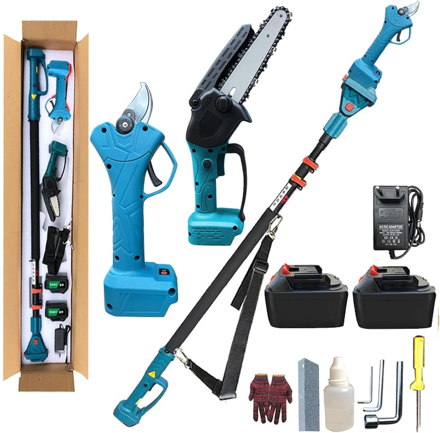4-in-1 Electric Pole Saws & Pruning Shears, 8 Inch Mini Chainsaw Cordless with 125-220 cm Extension Pole, with 2 Battery, Tree Trimmer Limb Branch Cutter Pruner