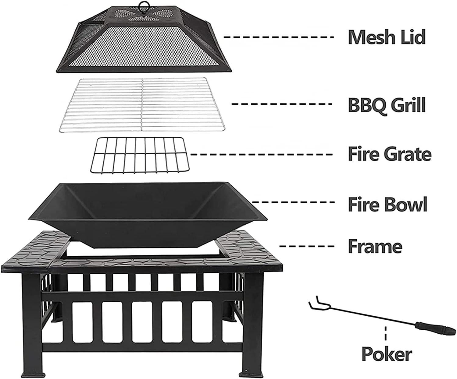 BBQ Grill Outdoor Large Outdoor Fire Pits, 32in Square Bonfire Firepit, Wood Burning Fireplace Stove w/Spark Cover Screen & Poker & Grill Grate, for Patio/Camping/Backyard/BBQ/Garden/Bonfire