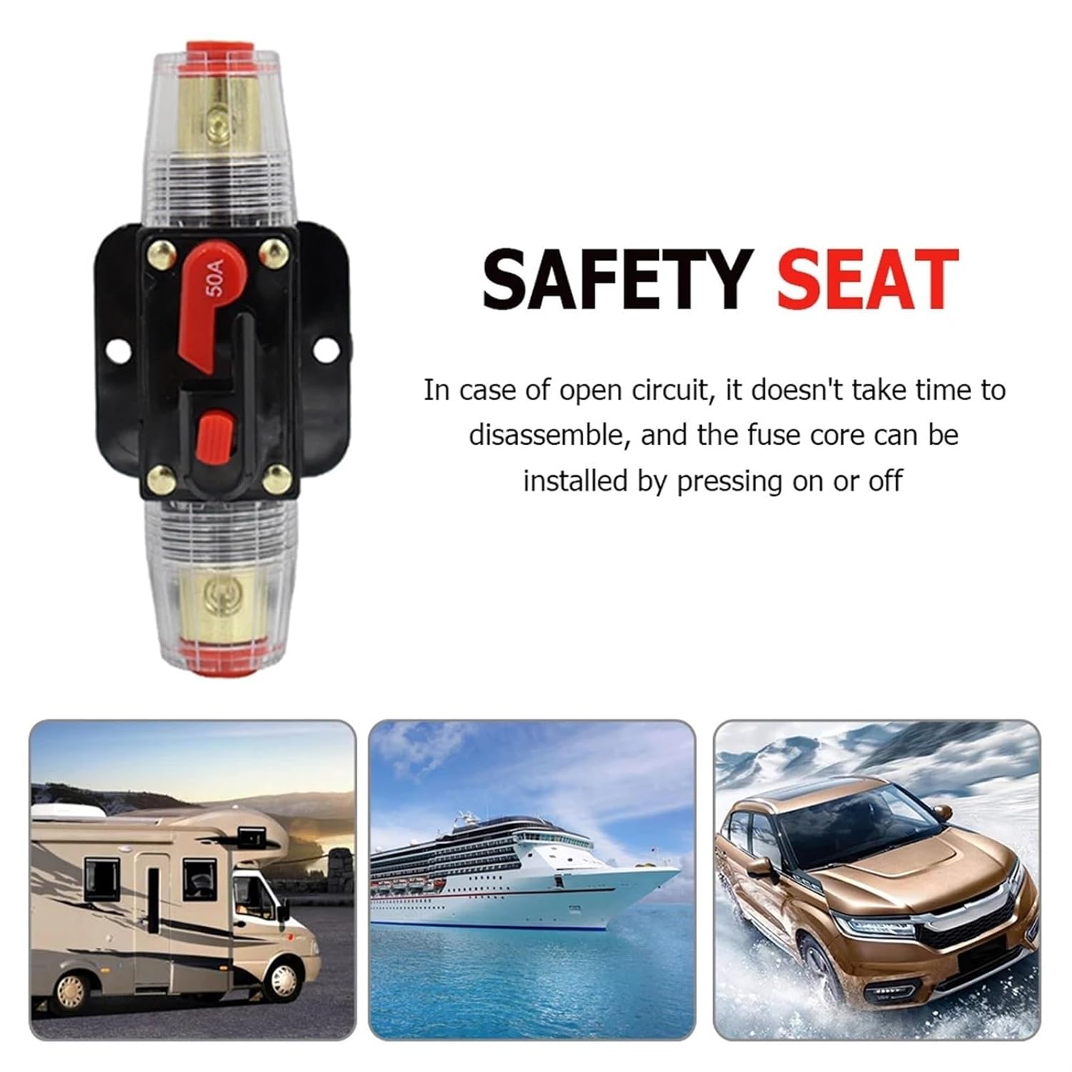 20/30/40/50/60/80/100/125/150A 12V Car Audio Modification Stereo Amplifier Circuit Breaker Automatic Reset Fuse Holder Switch(50A)