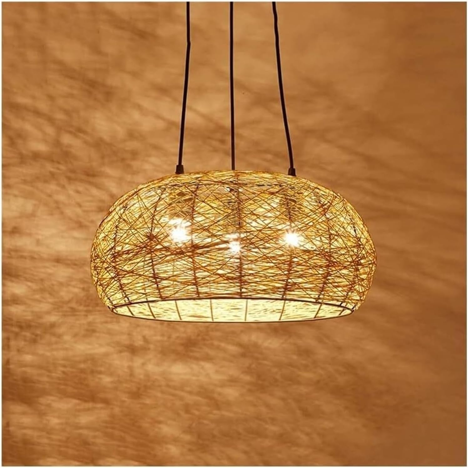 Twine and Rattan Woven Pendant Hanging Lighting Fixture, Farmhouse V-intage Chandelier Ceiling Mount Lamp