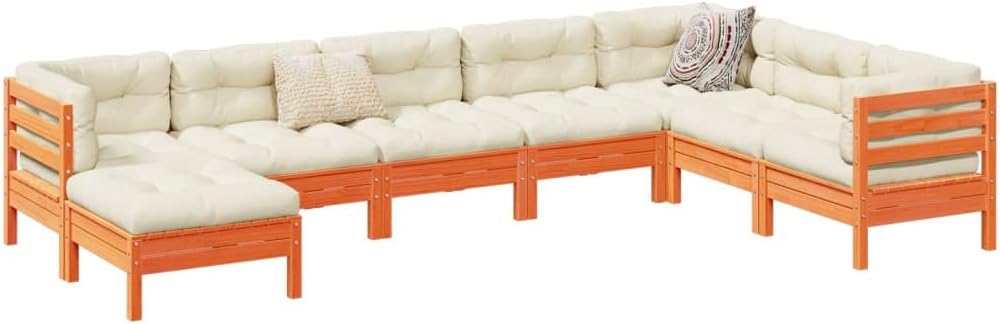 8-Piece Modular Garden Sofa Set, Wax Brown Solid Pine Wood, Oxford Fabric, PP Cotton, Outdoor Patio Furniture, Balcony Dining Set for 7 People