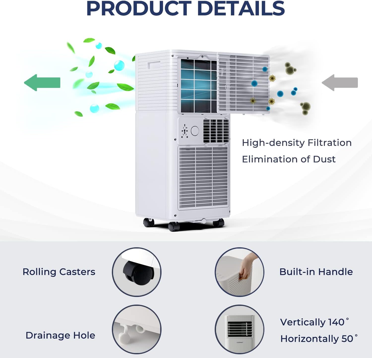 COSTWAY Portable Air Conditioner, 8000 BTU Ac Unit Spaces up to 230sq.ft, with Remote Control, 24H Timer & Window Venting Kit, Sleep Mode, Suitable for Bedroom, Living Room, Office (8000BTU, White)