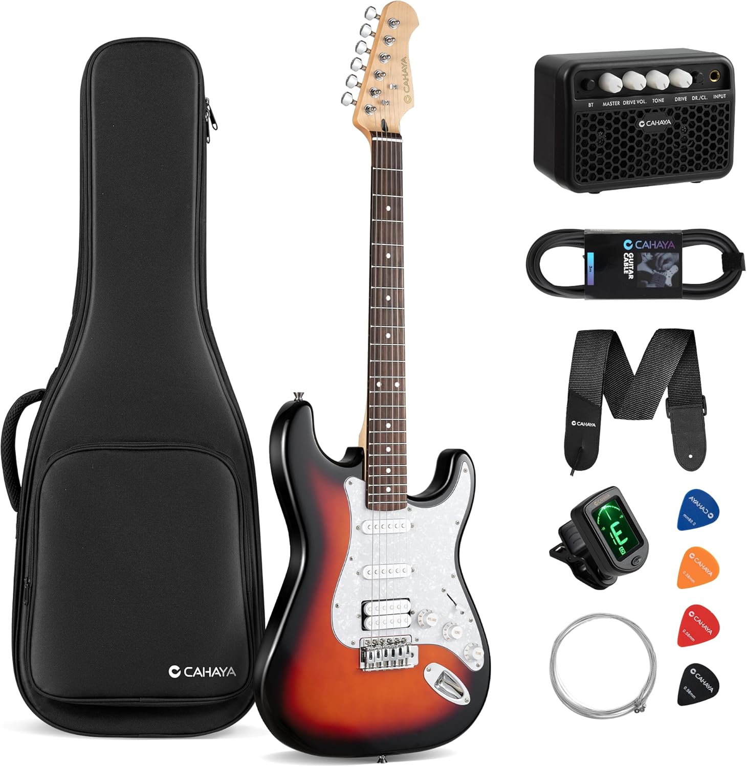 CAHAYA Electric Guitar Kit 39in - Full Size Electric Guitar Kit for Beginner Starter Poplar Solid Body with 10W Amplifier, Gig Bag, Strap, Tuner, Cable, String, Picks
