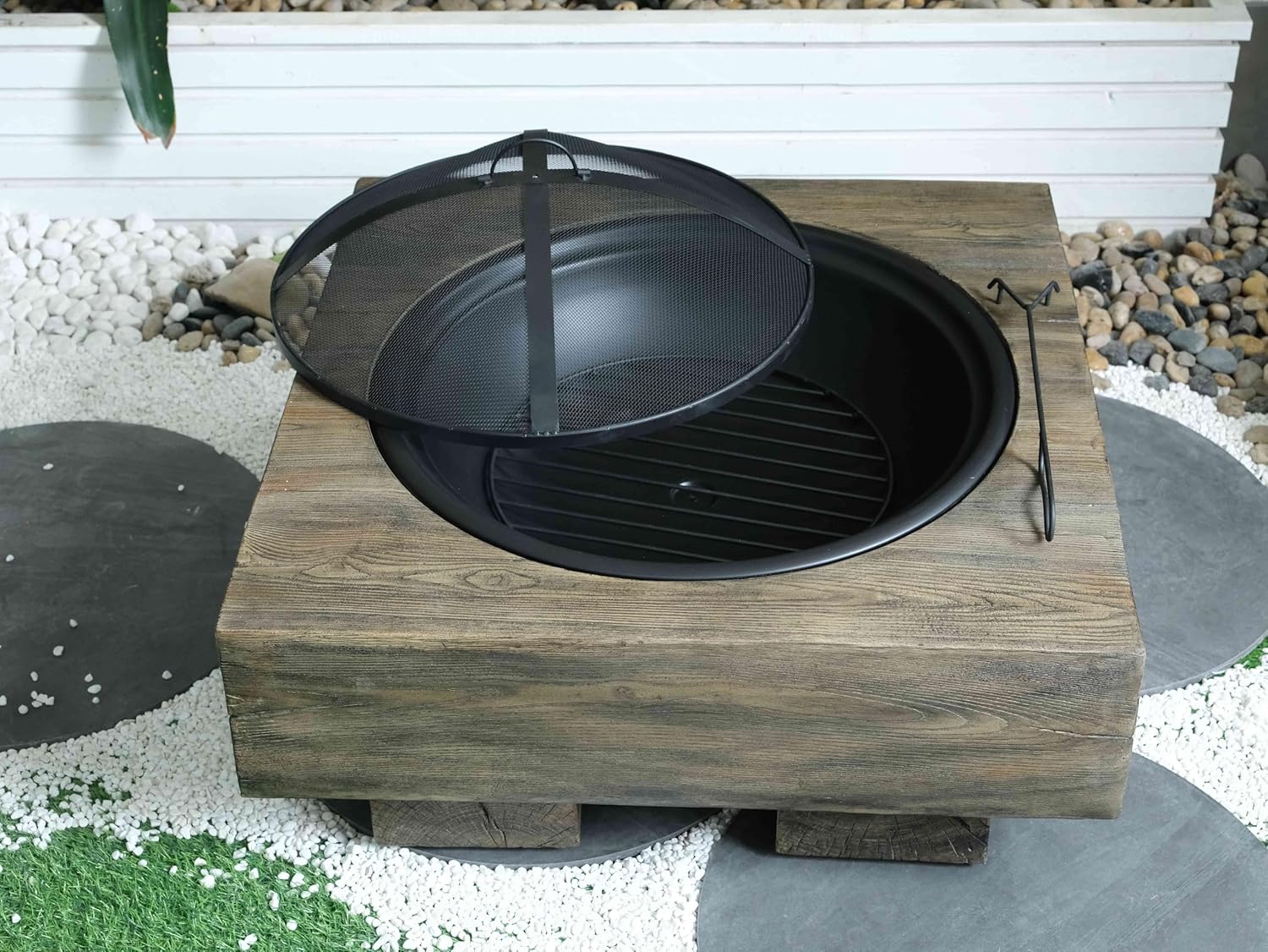 Wood-Fueled Outdoor Fire Pit with Wood Grain Design-Antique Dark Grey, 1 Door-Backyard, Patio, Camping-Durable Steel Construction (1 Doors)