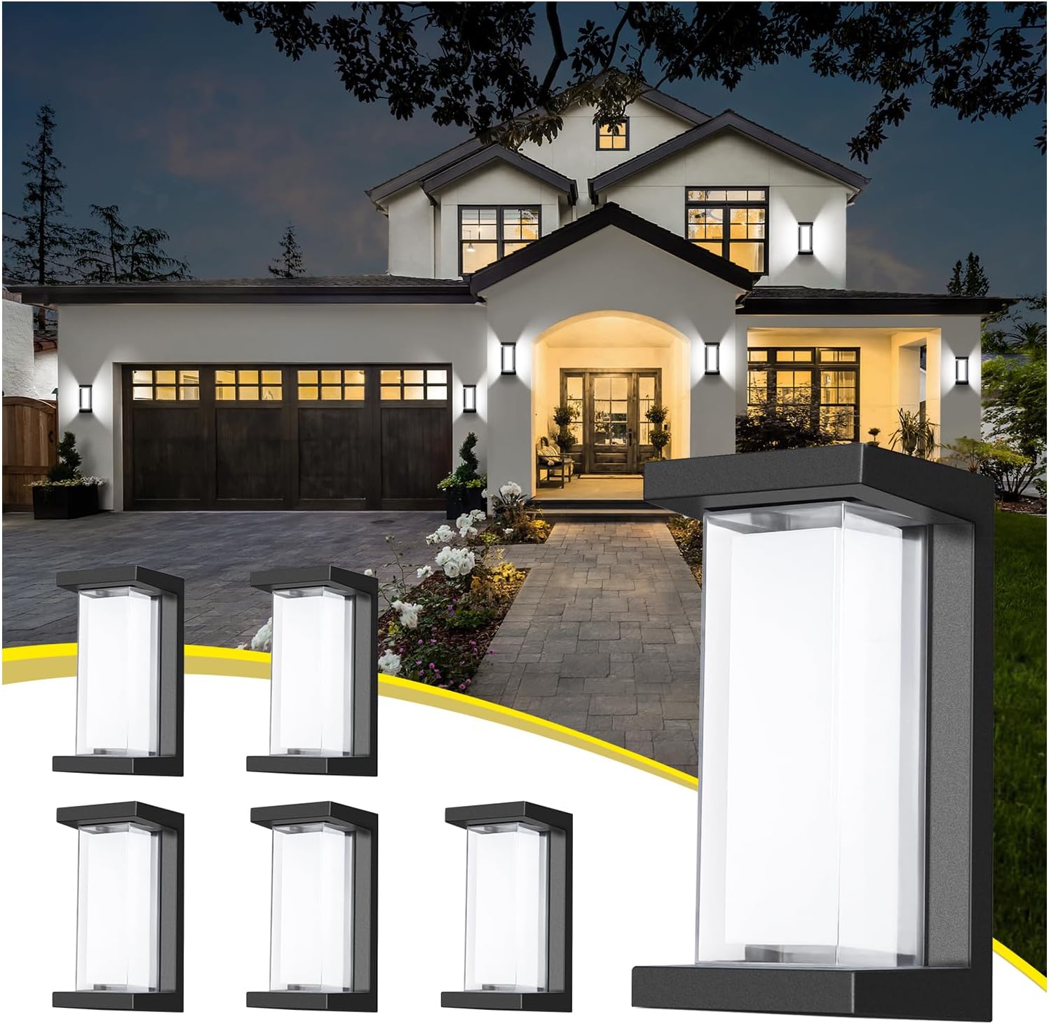 Juyace 18W Exterior Lighting Fixtures 6 Pack Budget-Friendly Outdoor Porch Lights Modern Black Sconces Wall Mount 1800Lm 6000K IP65 Waterproof for Garage House Patio Front Door Entryway