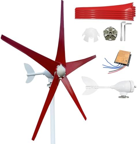 800W-1200W Wind Turbine Generator Kit - 12V/24V/48V MPPT Controller, Low Wind Speed (2.5m/s) Windmill, 5 Red Blades for Efficient Home Power Generation