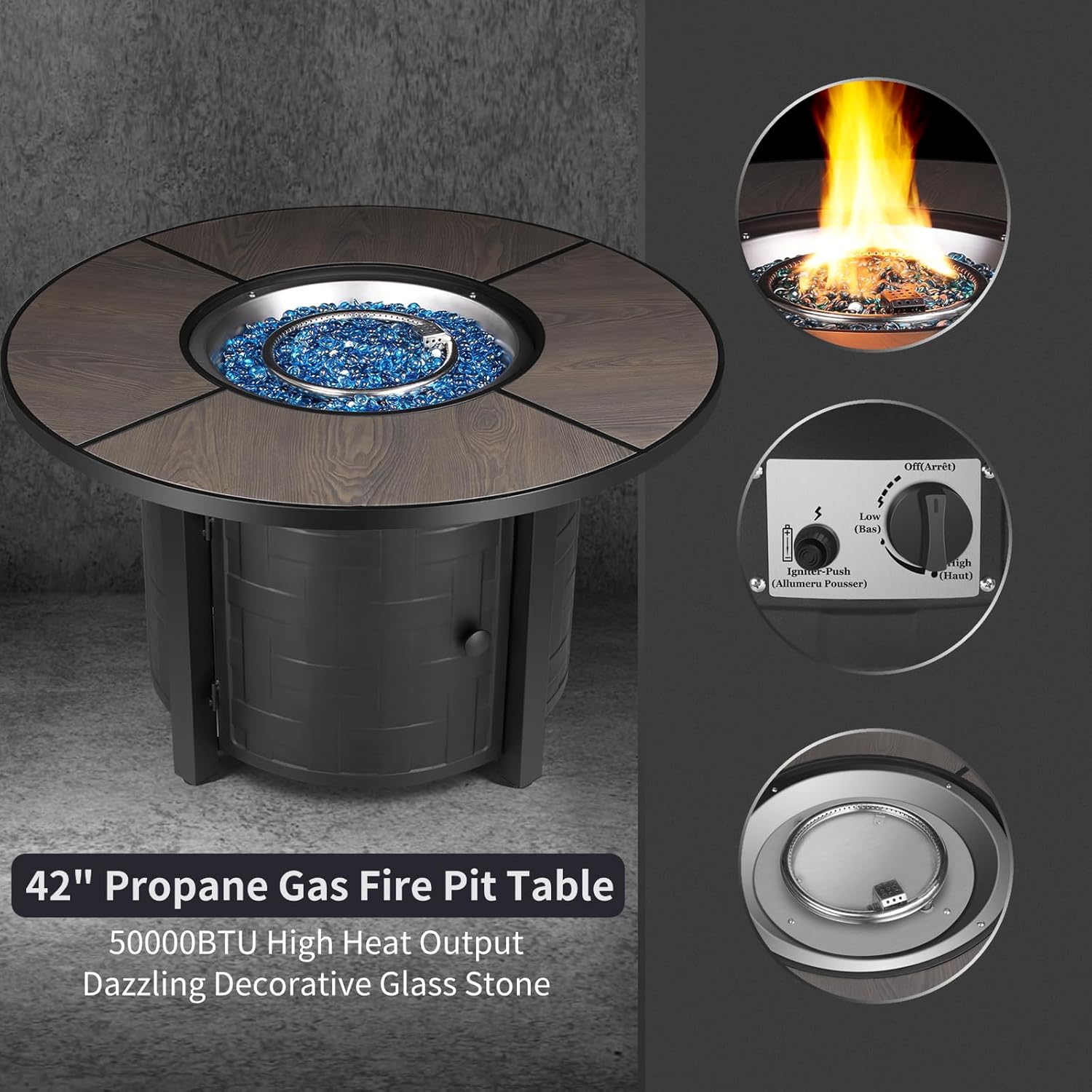 TLSUNNY 42in Propane Fire Pit Table, 50,000 BTU Auto-Ignition Outdoor Patio Fire Pit with Waterproof Cover, Blue Fire Glass & Convertible Lid – CSA Certified,for Patio, Balcony,Garden