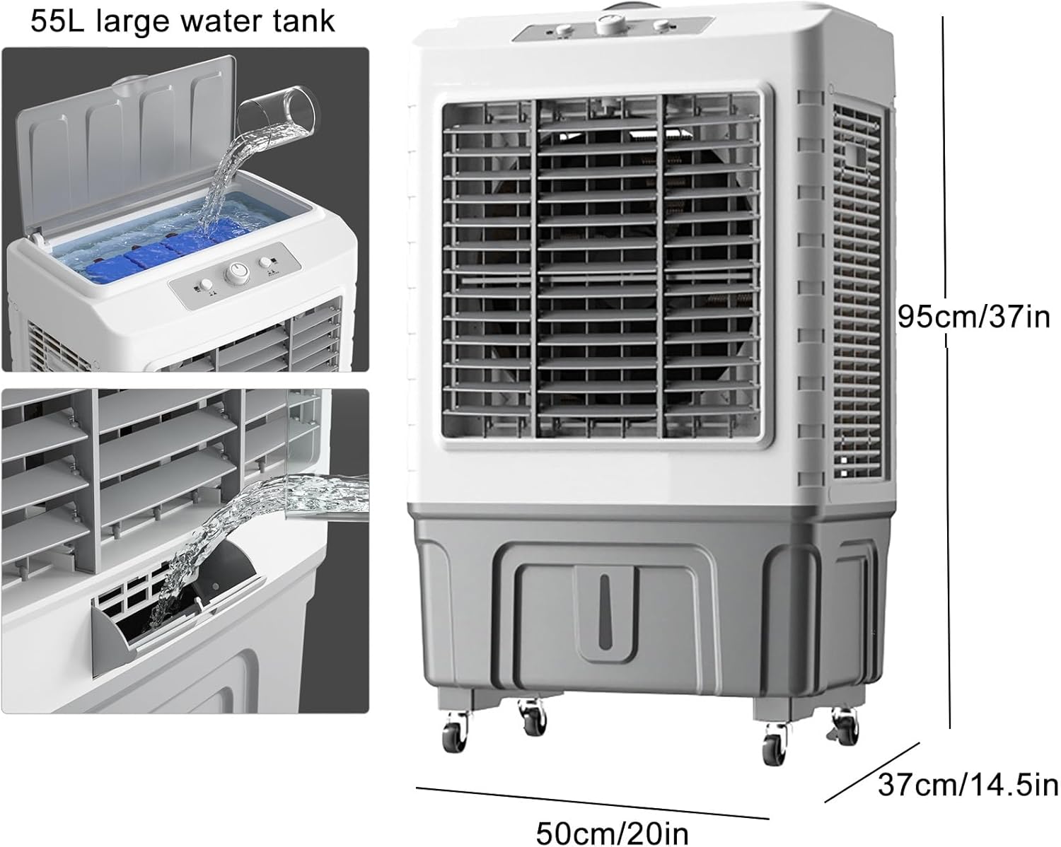 Water Cooler Fan 3 Speeds Portable Room Air Conditioner, Evaporative Air Cooler with Misting Function, 55L Evaporative Cooler Purifier