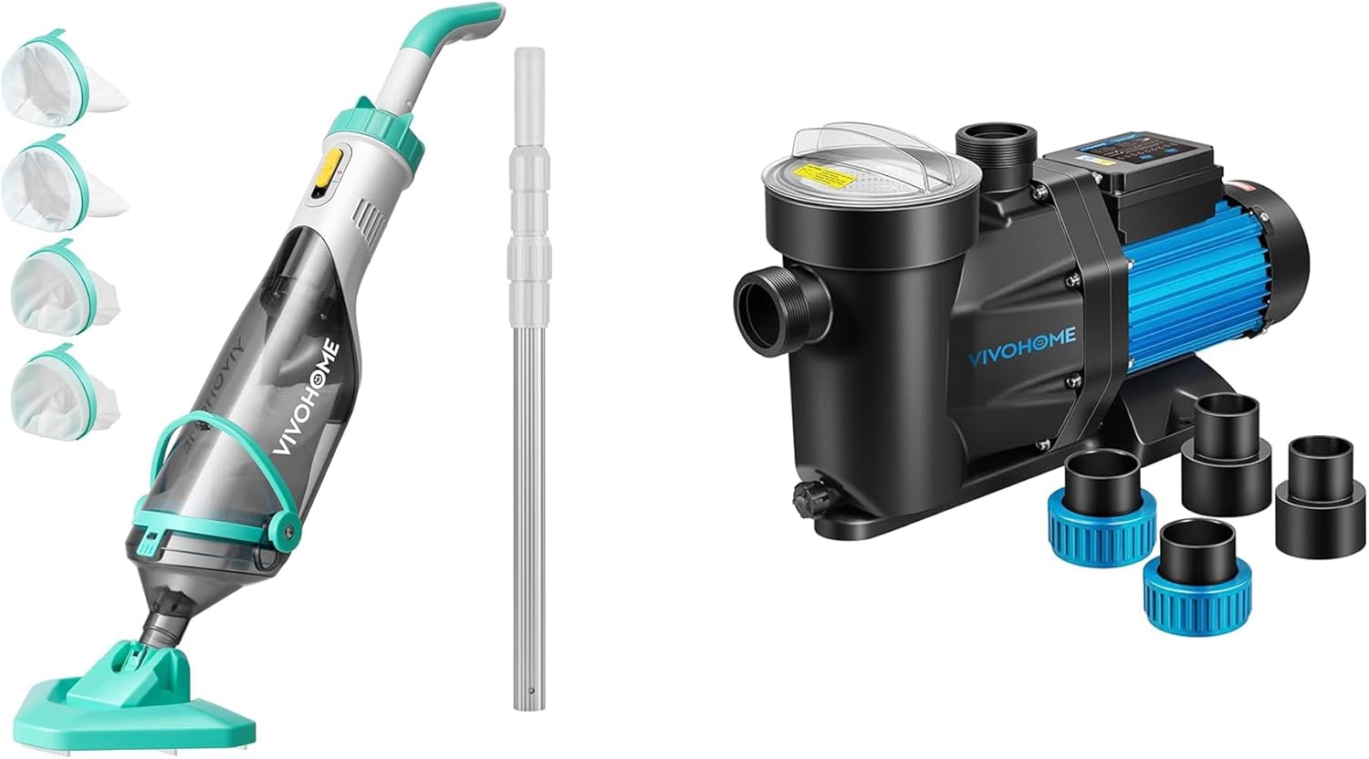 VIVOHOME Cordless Pool Vacuum 60 Mins Running Time Powerful Suction up to 18.5 GPM with VIVOHOME 1.5 HP Powerful Self Primming 6360 GPH Swimming Pool Pump w/Timer for in/Above Ground Pool
