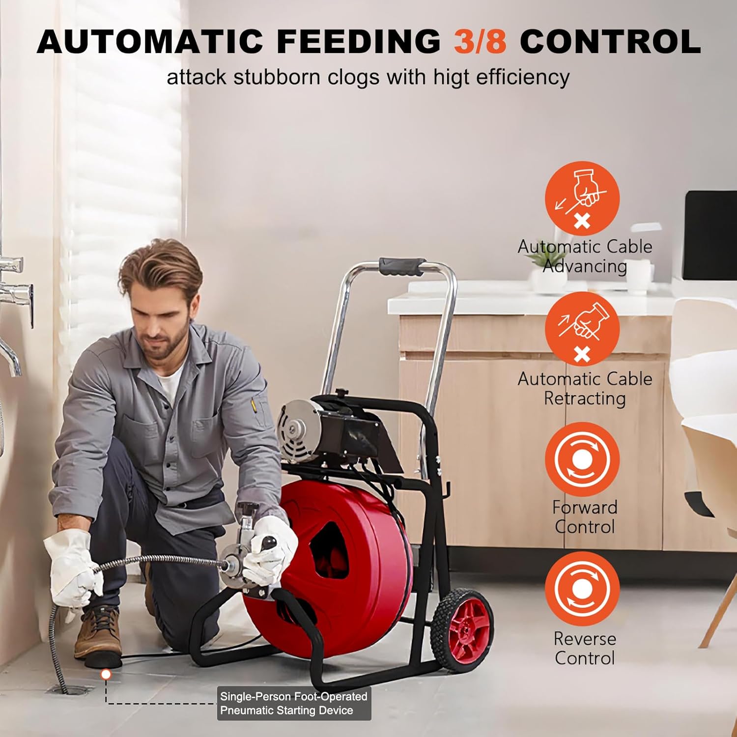 Drain Auger Cleaner 50 FT x 3/8 Inch, Sewer Snake Auto Feed, Drain Cleaning Machine with 8 Cutter & Air-Activated Foot Switch for 1